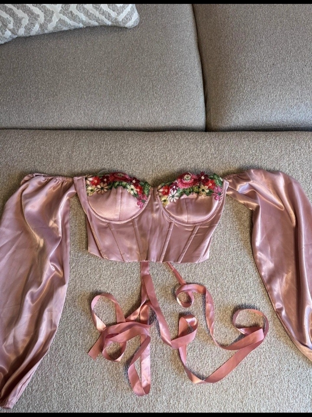 Pink Satin Off-Shoulder Embroidered Bustier Top